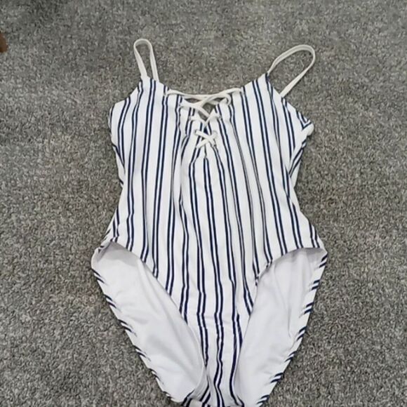Nautica Dock Lines 1 piece lace up black and white striped swimsuit size Large - Picture 1 of 3